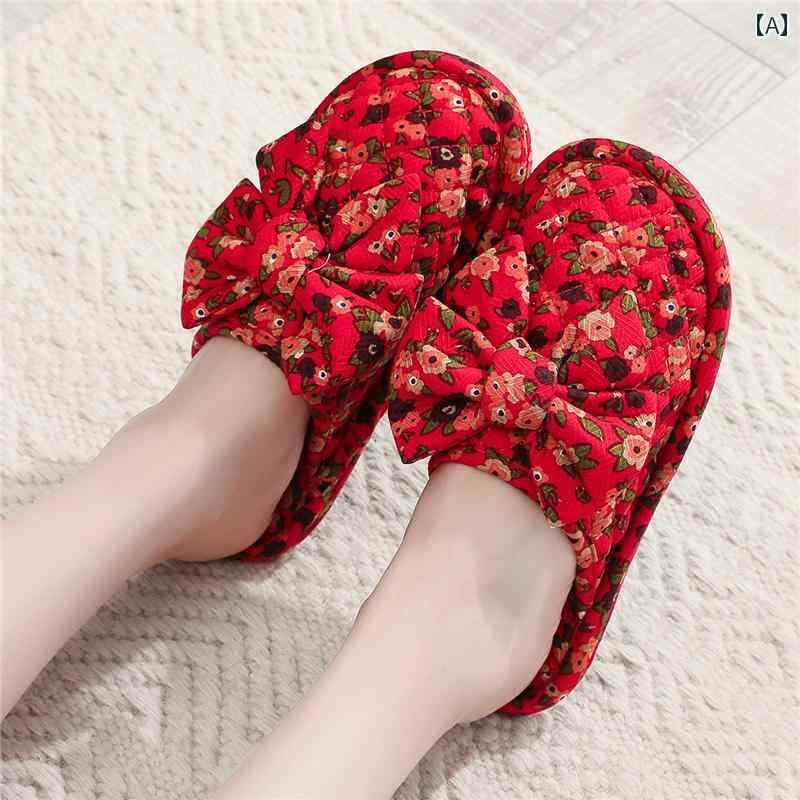 スリッパ 室内 家庭用 リビング レディース 大人 静音 ソフトソール 綿 布 秋冬 フルカバー リボン 花..