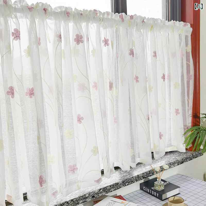 カフェカーテン 遮光 おしゃれ ガーゼ 刺繍 キッチン ショート ハーフ 出窓 面ファスナー フリー パン..