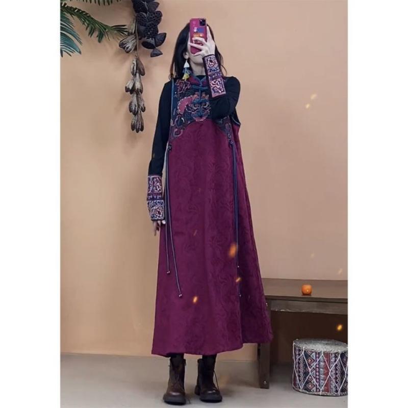 エスニック ワンピース ボヘミアン レディース 女性 大きいサイズ 秋 綿 長袖 ロング丈 タートルネック スタンドカラー 普段着 カジュアル セット レトロ 紫 切り替え チャイナボタン