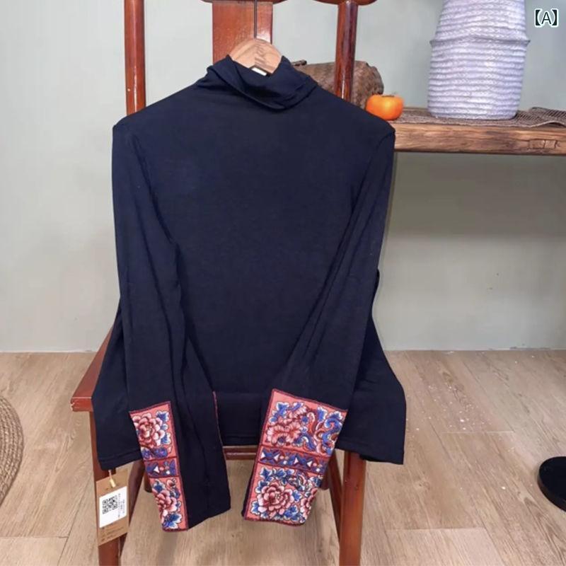 エスニック ワンピース ボヘミアン レディース 女性 大きいサイズ 秋 綿 長袖 ロング丈 タートルネック スタンドカラー 普段着 カジュアル セット レトロ 紫 切り替え チャイナボタン