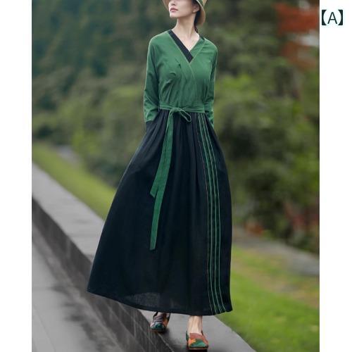 ボヘミアン ワンピース レディース 女性 春秋 綿 リネン 長袖 Vネック ロング 普段着 カジュアル レトロ 緑 黒 ウエストマーク ツートーン