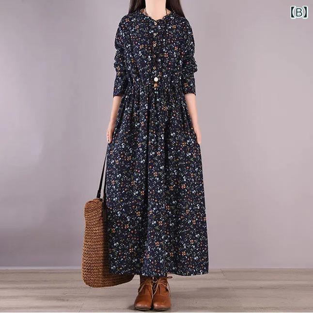 ボヘミアン ワンピース 韓国 レディース 女性 秋 綿 リネン 体型カバー 長袖 ロング 普段着 カジュアル 緑 赤 青 花 ウエストマーク 総柄