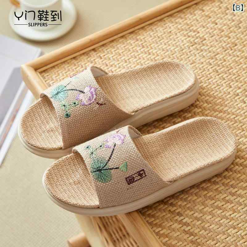 スリッパ レディース 室内 チャイナ風 リネン 夏 厚底 滑りにくい eva 通気性 涼しい ホーム 屋外 エスニック 花 サンダル 普段使い 赤 紫 ピンク 歩きやすい