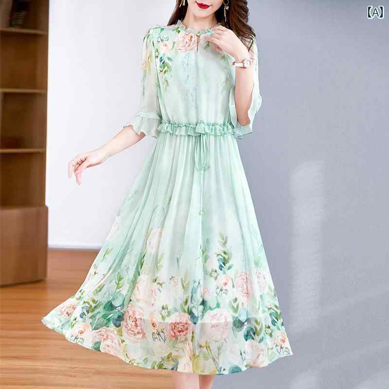 ワンピース 春夏 レディース 五分袖 ミモレ丈 ラウンドネック フリル Aライン 体型カバー ドローストリング 通気 おしゃれ 花柄 緑 40代 大きいサイズ