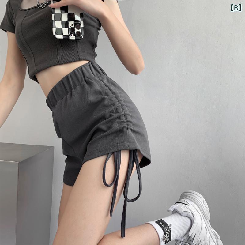 ショートパンツ レディース 春夏 薄手 ドローストリング ハイウエスト ポリエステ...