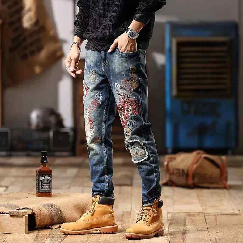 デニムパンツ メンズスキニー 春秋 ロング丈 刺繍 ウォッシュ加工 ダメージ ジッパー ポケット ストレッチ スリム フィット ストレート..