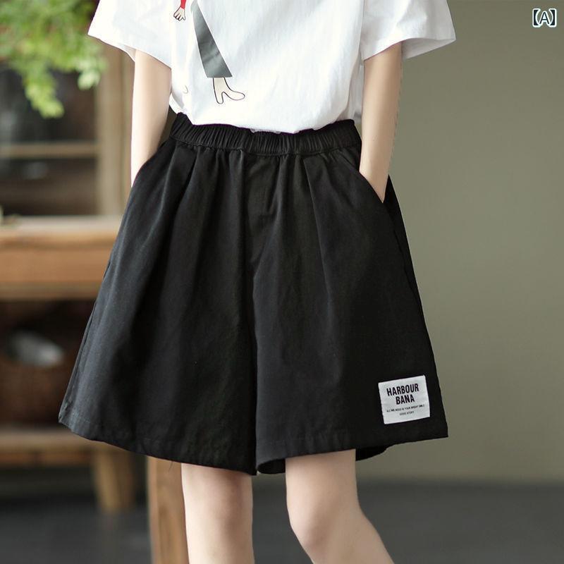 ショートパンツ レディース 春夏 薄手 綿 ゴム ハイウエスト ゆったり ワイド 通気...