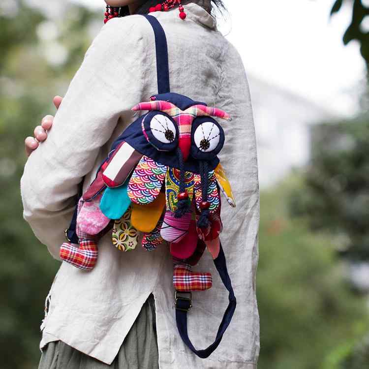 リュック バッグ フクロウ 軽い キャンバス カジュアル 小さめ ミニ バックパック 遠足 旅行 アニマル かわいい カラフル エスニック 学生 キッズ メンズ レディース 花 ピンク ブラック オレンジ(4.0)