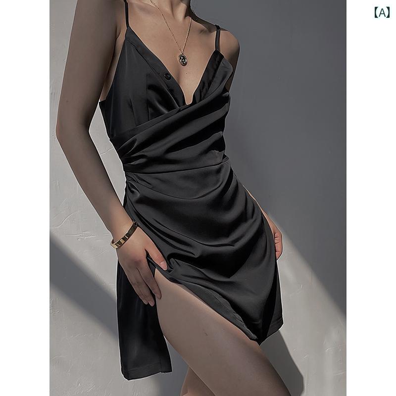 ワンピース レディース カジュアル おしゃれ レトロ サテン ミニ 女性 夏 キャミソール アメリカ スリットスカート