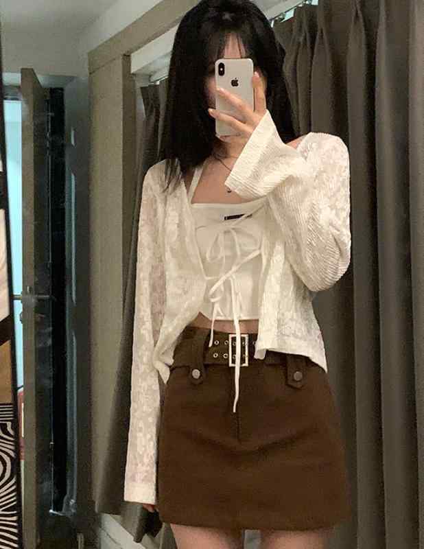 カーディガン レディース 春夏 ショート レース 日焼け防止 長袖 トップス 薄手 ホワイト ブラック リボン 透け感 ゆったり Vネック