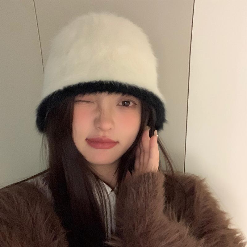 バケットハット レディース ふわふわ 秋冬 暖かい 大きめ 小顔効果 深め ショッピング 旅行 バイカラー かわいい シンプル アイボリー 黒 ピンク