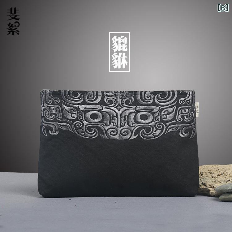 クラッチバッグ メンズ キャンバス レトロ 中国 ヒキュウ 刺繍 手持ち 布 バッグ ポーチ タブレット 本 携帯電話 封筒型 ジッパー開閉 ミディアム 小さめ ゴールド グレー 黒 3