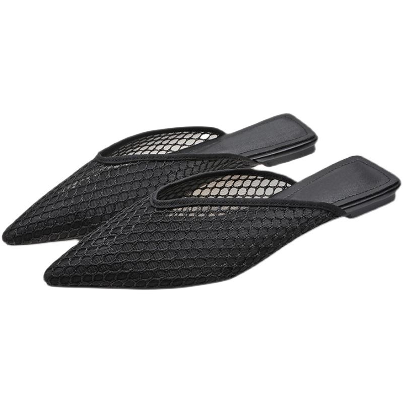 サンダル レディース つっかけ ミュール ぺたんこ 春夏 レザー メッシュ 通気性 甲深 ローヒール おしゃれ カジュアル 散歩 シンプル 黒