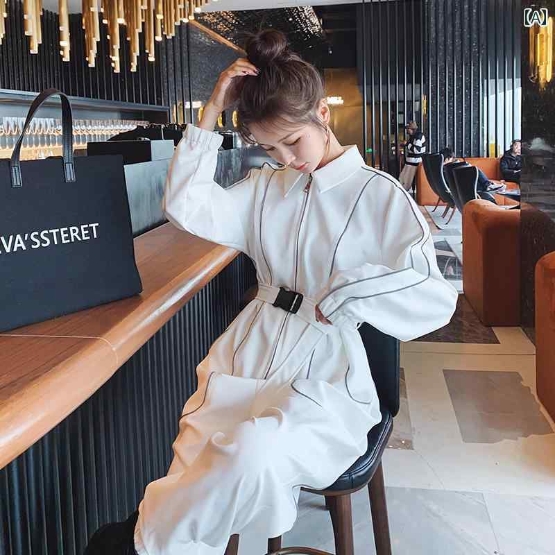 オールインワン レディース きれい め 女性 ジャンプスーツ 春秋 ジッパー カジュアル ストリート ゆったり 黒 白 ライン ポケット ベルト