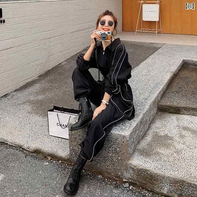 オールインワン レディース きれい め 女性 ジャンプスーツ 春秋 ジッパー カジュアル ストリート ゆったり 黒 白 ライン ポケット ベルト