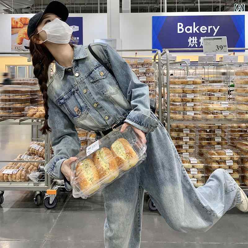 オールインワン レディース きれい め 女性 ジャンプスーツ 春秋 ルーズ カジュアル ゆったり レトロ 青 ボタン ポケット ベルトループ