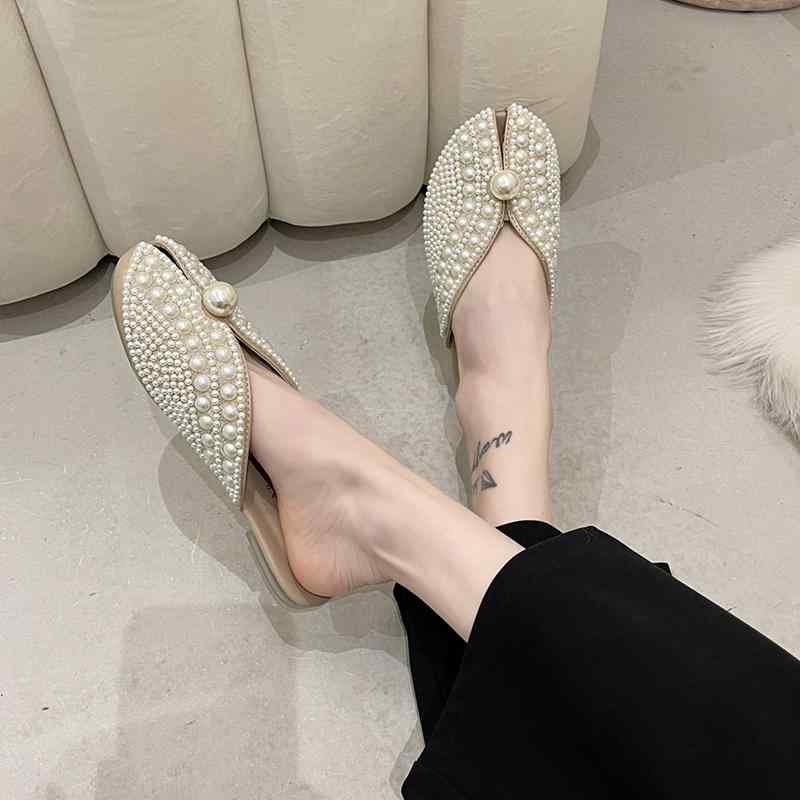 サンダル レディース ミュール 春夏 ぺたんこ ローヒール 履きやすい スリッパ つっかけ パール 滑りにくい オシャレ 黄色 緑 ベージュ