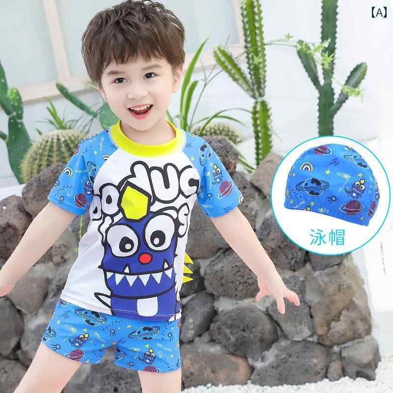 子供 水着 つなぎ 男の子 セパレート ワンピース セット 小学生 ベビー 日焼け防止 速乾 パンツ かわいい ホワイト イエロー ブルー 恐竜 モンスター ティラノサウルス 水泳帽 アームリング スイムバッグ 半袖