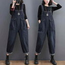 大人 かわいい オーバーオール レディース 大きいサイズ 女性 韓国 春秋 肩ひも カジュアル デニム ゆったり 黒 ウォッシュ ポケット シンプル