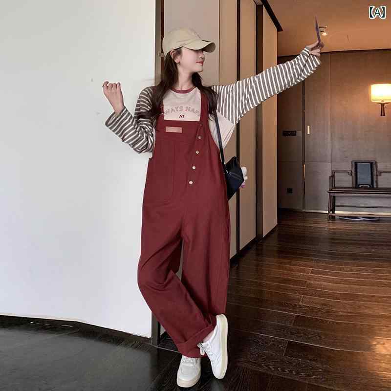 大人 かわいい オーバーオール レディース 大きいサイズ 女性 韓国 春秋 肩ひも 幅広 調整 アジャスター カジュアル ゆったり 赤 ボタン ポケット