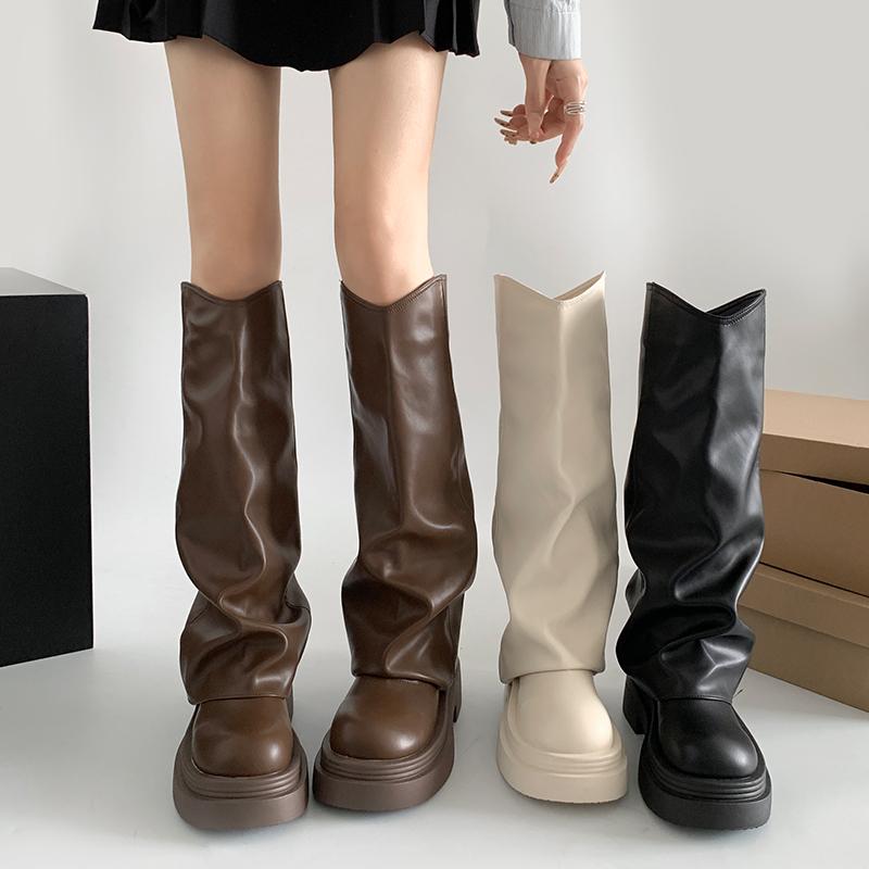ライディングブーツ レディース 厚底 ロング ワイド 春秋 厚手 普段使い 外出用 ラウンドトゥ カジュアル シンプル おしゃれ 黒 カーキ ベージュ