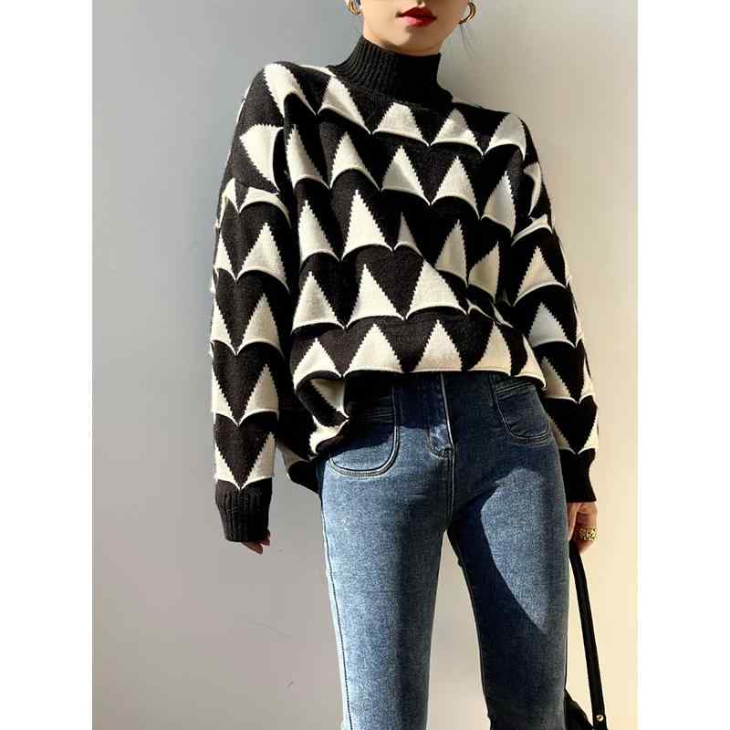 Turtleneck - ハイネック 長袖 レディース 黒 白 コントラスト 三角形 セーター 秋冬 ニット ルーズ トップス 厚手 暖かい 柔らかい カジュアル 普段使い