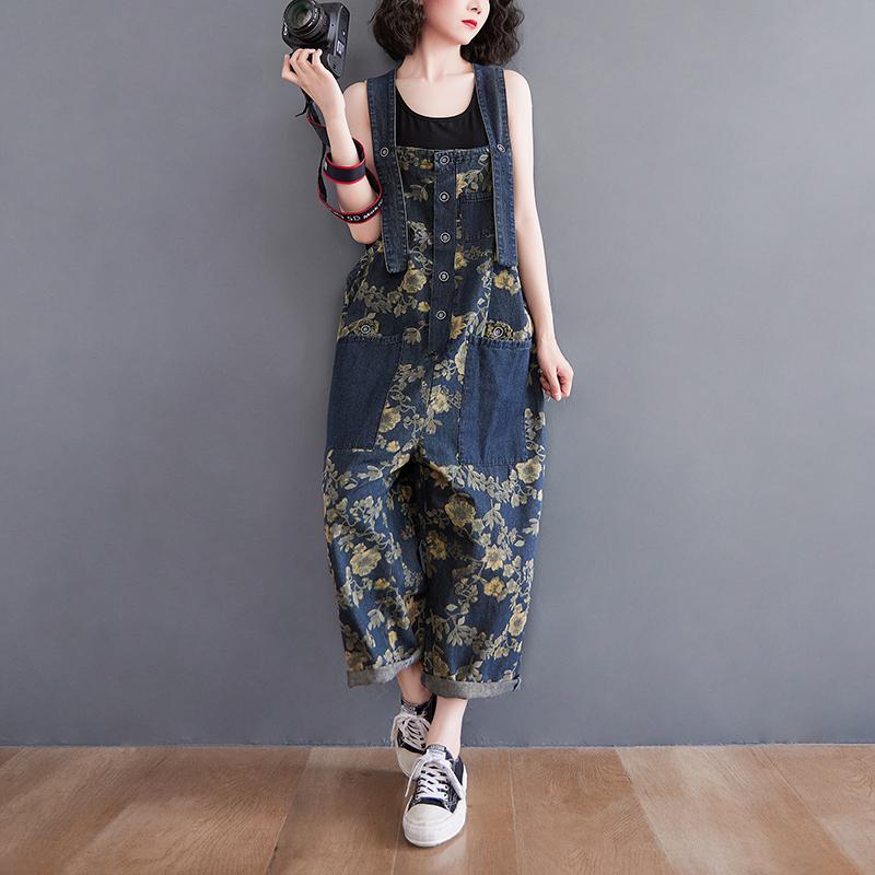 大人 かわいい オーバーオール レディース 大きいサイズ 女性 夏 春秋 肩ひも 幅広 ワイド 若見え カジュアル デニム 青 プリント ポケット ボタン調整