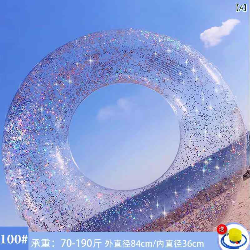 フロントップ楽天市場店の浮き輪 大人用 子供 厚手 スパンコール キラキラ 透明 かわいい 映え ユニコーン フラミンゴ 人魚 青 ピンク 白 大きいサイズ 空気入れ 海水浴 プール リゾート｜アングル2
