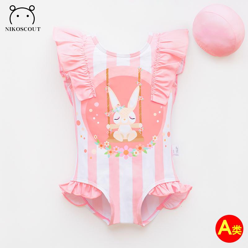 キッズ 水着 女の子 ワンピース プリンセス 速乾性 かわいい うさぎ 水泳帽 フリル チュチュ 日焼け防止 ストライプ パステルカラー ピンク