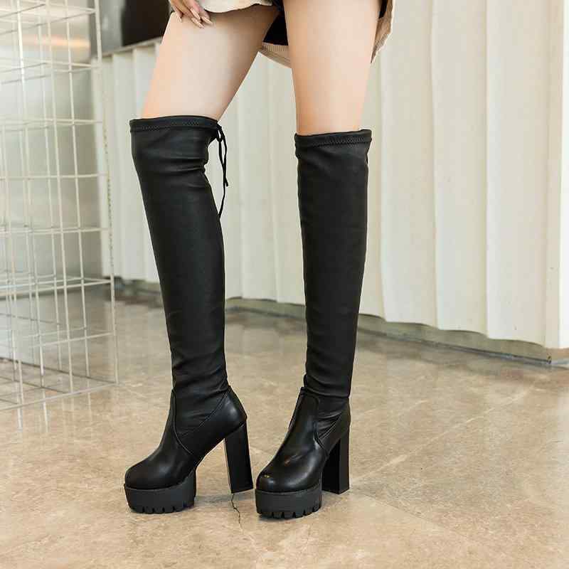 オーバーニーブーツ ロング レディース 大人 厚底 秋冬 薄手 スリムフィット ライダー 太ヒール ラウンドトゥ ゴム紐 スエード レザー カジュアル おしゃれ 黒