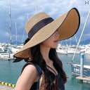 麦わら帽子 レディース リボン ビーチ 夏 海辺 バカンス つば広 紫外線 防止 日よけ 日焼け レジャー 調節可能 旅行 黒縁 カーキ ベージュ