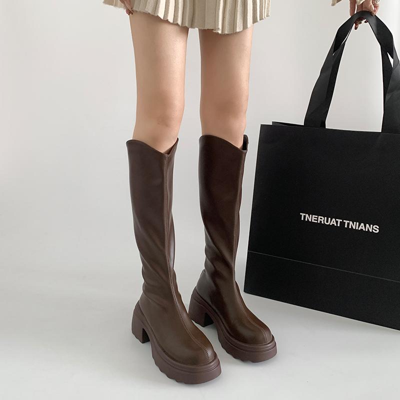 ウエスタンブーツ レディース 厚底 ロング バックジッパー 秋 シークレットインソール ラウンドトゥ カジュアル シンプル おしゃれ 無地 茶 黒 白