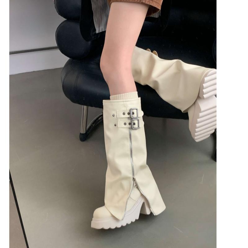 ライディングブーツ レディース 厚底 夏 薄手 ラウンドトゥ サイドジッパー ロング ワイド PU ベルト おしゃれ カジュアル 黒 アイボリー 茶