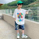 tシャツ 男の子 デニム ハーフパンツ セット ペイント 子供用 夏 ダンス ストリート ゆったり レジャー プルオーバー 白 韓国 かっこいい