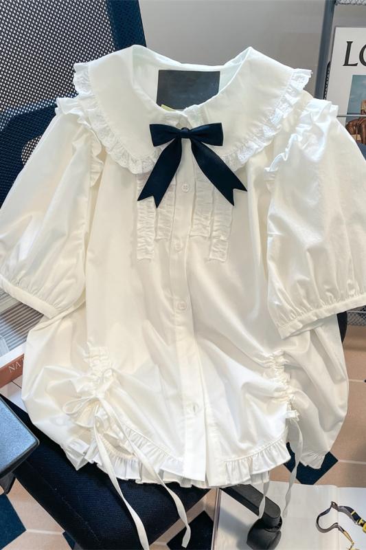 地雷系 ブラウス レディース シャツ トップス 半袖 春夏 丸襟 ロリータ 大きいサイズ ゆったり 撮影 コスプレ かわいい リボン フリル 無地 白 黒