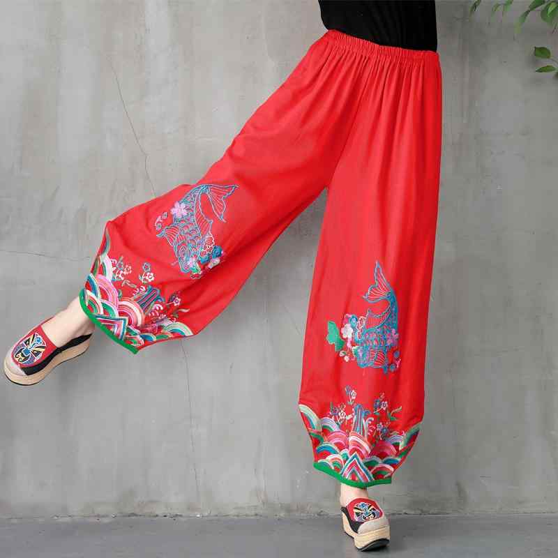 レディース パンツ ゆったり 秋冬 レトロ エスニック 中国 刺繍 カジュアル 厚手 リネン バルーン ワイドレッグ ウエストゴム フリーサイズ おしゃれ 赤 黒 緑