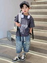 tシャツ 男の子 ハーフ パンツ 夏 ダメージ デニム 2点 セット ストリート クール 韓国 レジャー ヒップ ホップ 薄手 グレー 緑