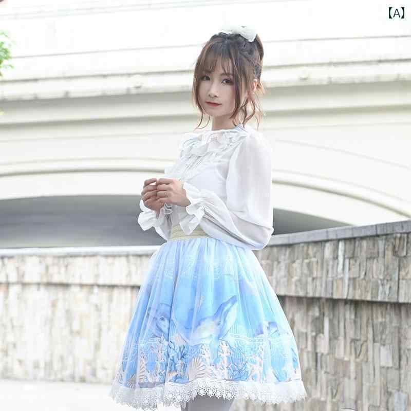 地雷系 スカート ロリータ レース ファンタジー プリント アニマル ショート丈 チュール 生地 ナチュラルウエスト スカイブルー ふんわり