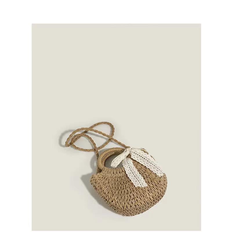 Tote Bag Type - かごバッグ ショルダー ミニ トート ストロー レディース ポータブル バスケット ベージュ カーキ 小さめ 旅行 レジャー おしゃれ リボン