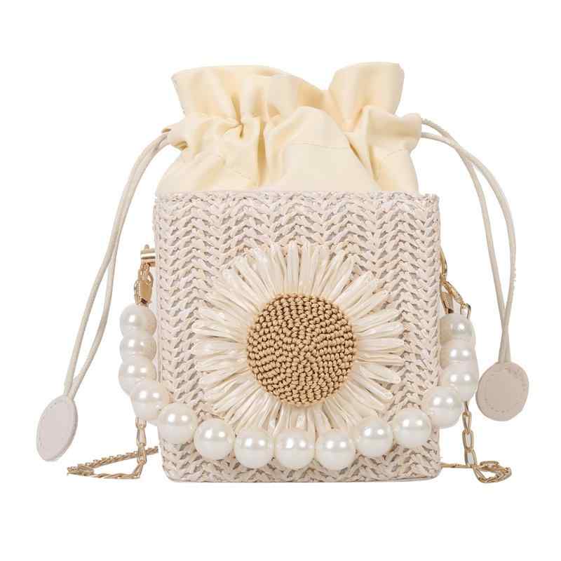 かごバッグ ショルダー 夏 ストロー 織り パール チェーン ポータブル 小さめ バケツ ミニ レディース メッセンジャー 花 かわいい ホワイト カーキ スクエア 巾着