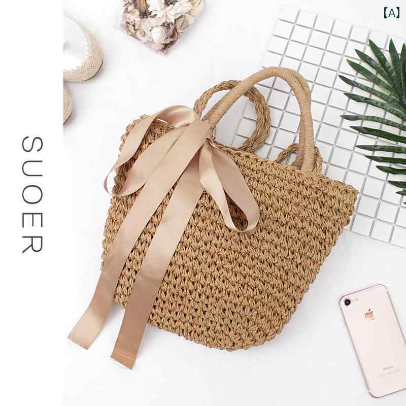 編み バッグ ショルダー トート レディース スイート リボン ストロー 夏 ビーチ レジャー 休暇 旅行 手織り ハンド ブラウン バケツ 小さめ