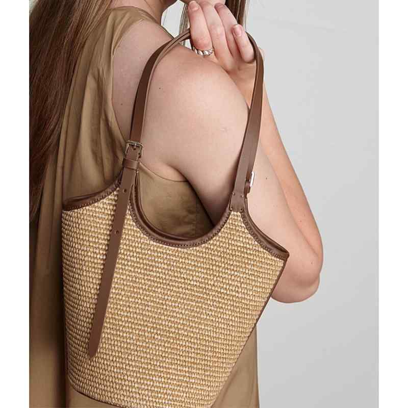 バッグ トート レディース 夏 わら織り フレンチスタイル ビーチ 旅行 レジャー おしゃれ 大容量 ブラウン カジュアル PU ソフト バケツ
