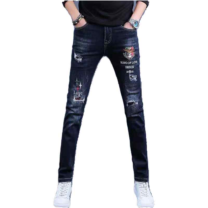 デニムパンツ メンズスキニー 春秋 ロング丈 プリント 刺繍 ダメージ加工 ジッパー ポケット スリム フィット ストレッチ ストレート ソフト カジュアル ストリート ダークカラー