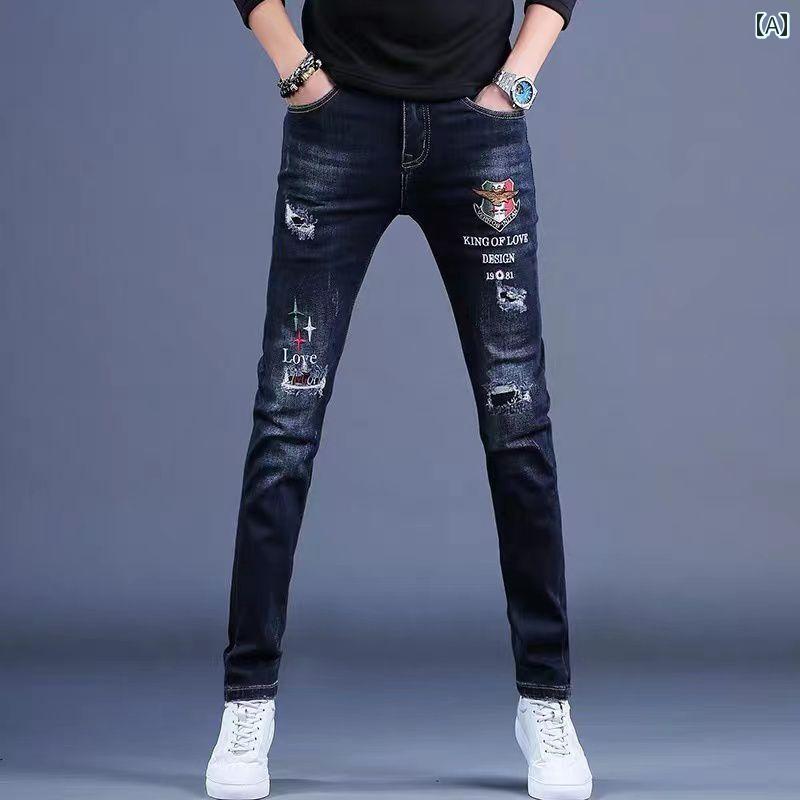 デニムパンツ メンズスキニー 春秋 ロング丈 プリント 刺繍 ダメージ加工 ジッパー ポケット スリム フィット ストレッチ ストレート ソフト カジュアル ストリート ダークカラー