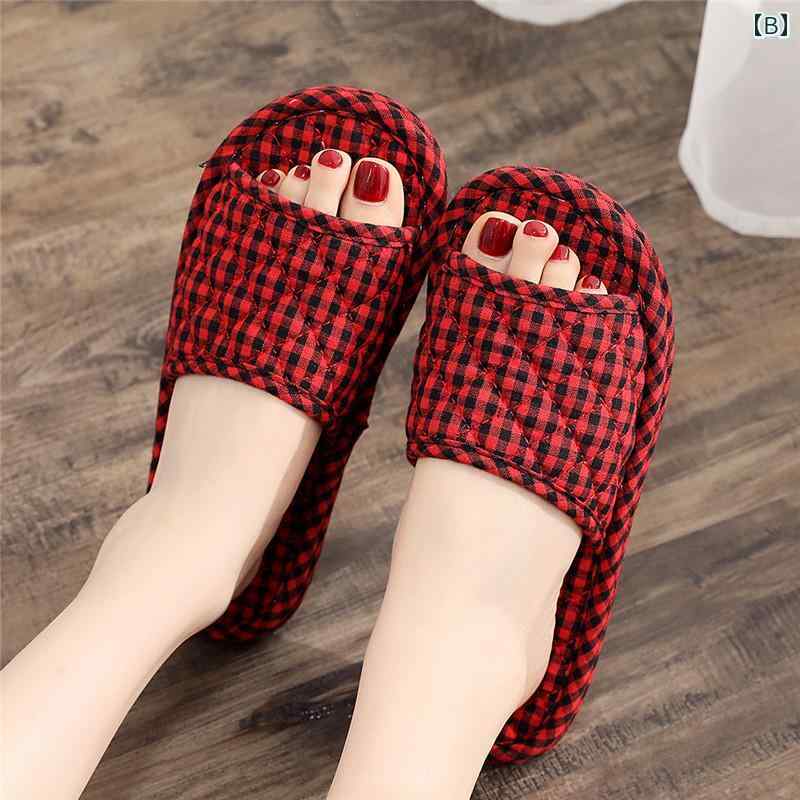 スリッパ 洗える 前開き メンズ レディース 韓国 オールシーズン 綿 布底 ソフトソール 静音 吸湿 通気 屋内 家庭 オフィス おしゃれ チェック柄 赤 緑 黒
