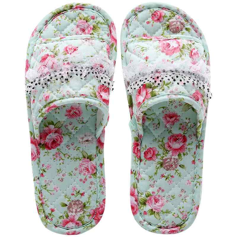 Front Vacancy Slippers - スリッパ 室内 家庭用 リビング 韓国 綿 メンズ レディース カップル 大人 春秋 静音 ソフトソール オープントゥ 花柄 総柄 赤 青 ピンク レース