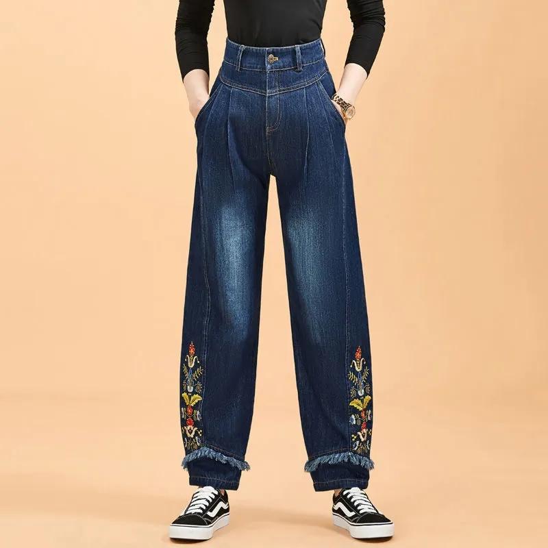 刺繍 デニム パンツ レディース 春 レトロ エスニック ストレート 着痩せ 美脚効果 ハイウエスト ジーンズ ジッパー開閉 おしゃれ カジュアル