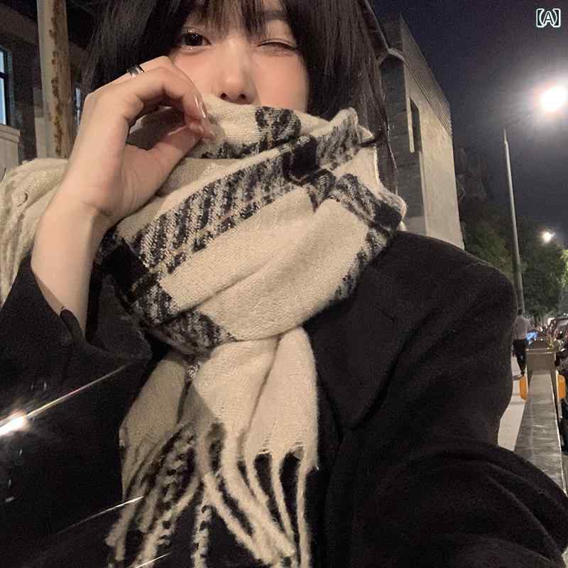マフラー レディース 暖かい チェック 冬 韓国 レトロ 普段使い 厚手 スカーフ 保温 柔らかい ベージュ 黒 シンプル かわいい カジュアル ロング