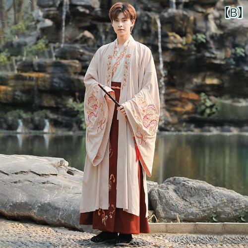 中国 民族 衣装 メンズ 漢服 長袖 上下セット 羽織 刺繍 ソフト 通気 レトロ かっこいい ドラゴン 大きいサイズ 武道 パフォーマンス ダンス ステージ コスプレ