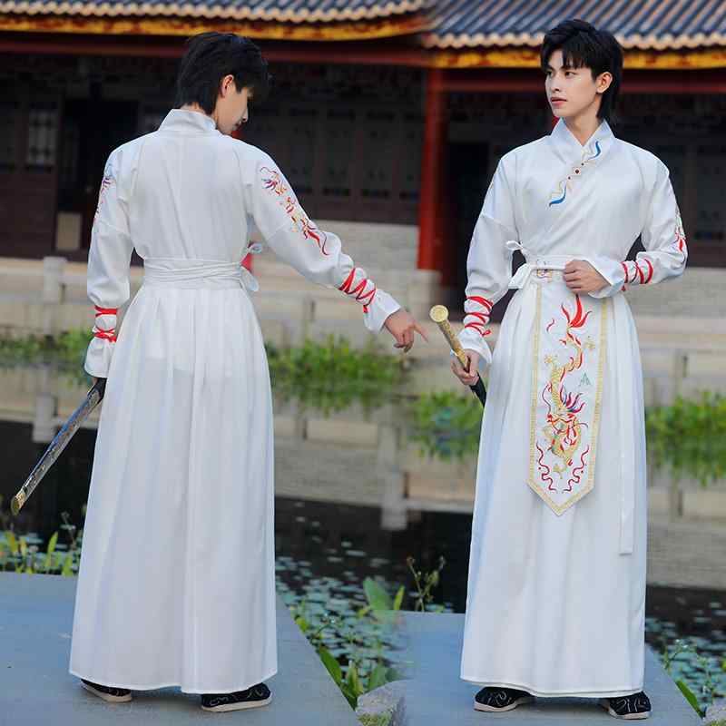 中国 民族 衣装 メンズ 漢服 春夏 長袖 セット 刺繍 レトロ エレガント ドラゴン 白 大きいサイズ 武道 パフォーマンス ダンス ステージ コスプレ